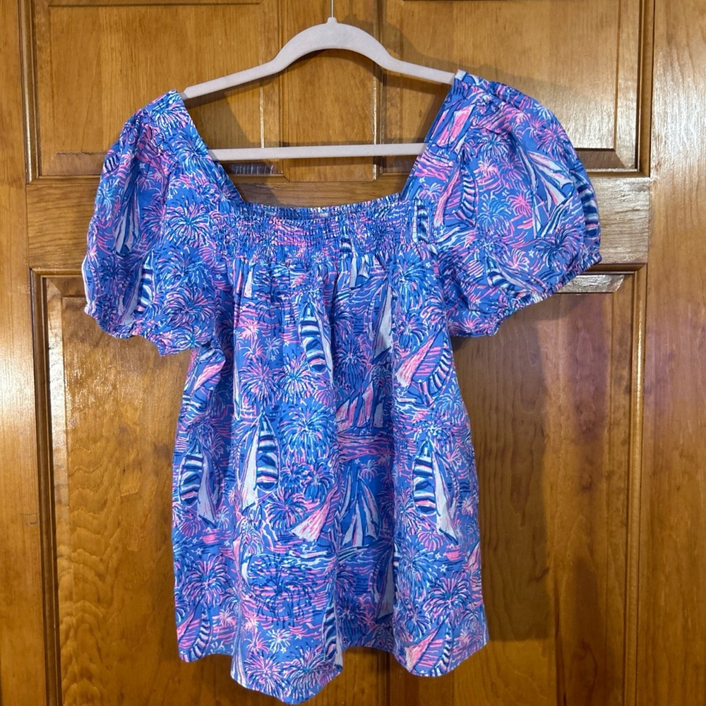 Lilly Pulitzer Keating Short Sleeve Linen Top Oca Blue Sailabration Sz 10-EUC - Picture 3 of 8